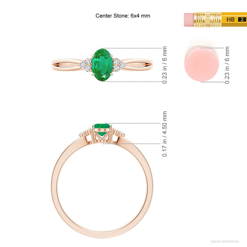 6x4mm AA Solitaire Oval Emerald Split Shank Ring with Trio Diamonds in Rose Gold ruler