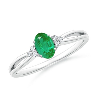 6x4mm AA Solitaire Oval Emerald Split Shank Ring with Trio Diamonds in S999 Silver
