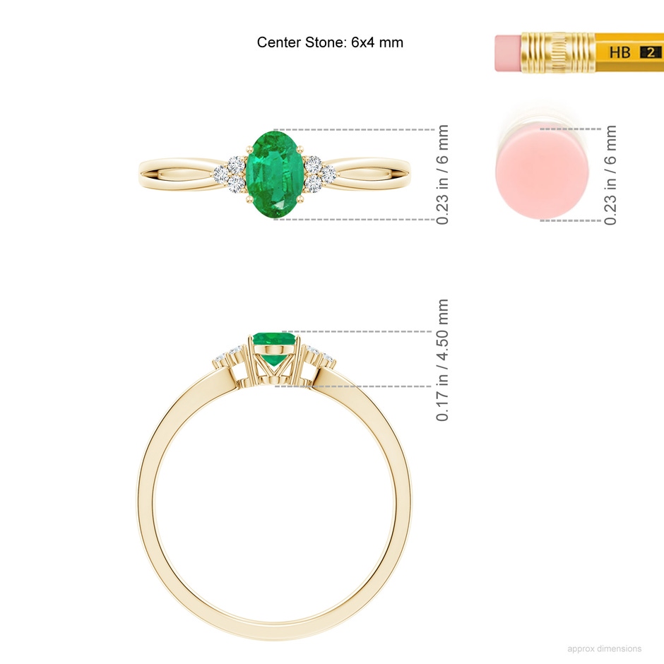 6x4mm AA Solitaire Oval Emerald Split Shank Ring with Trio Diamonds in Yellow Gold ruler