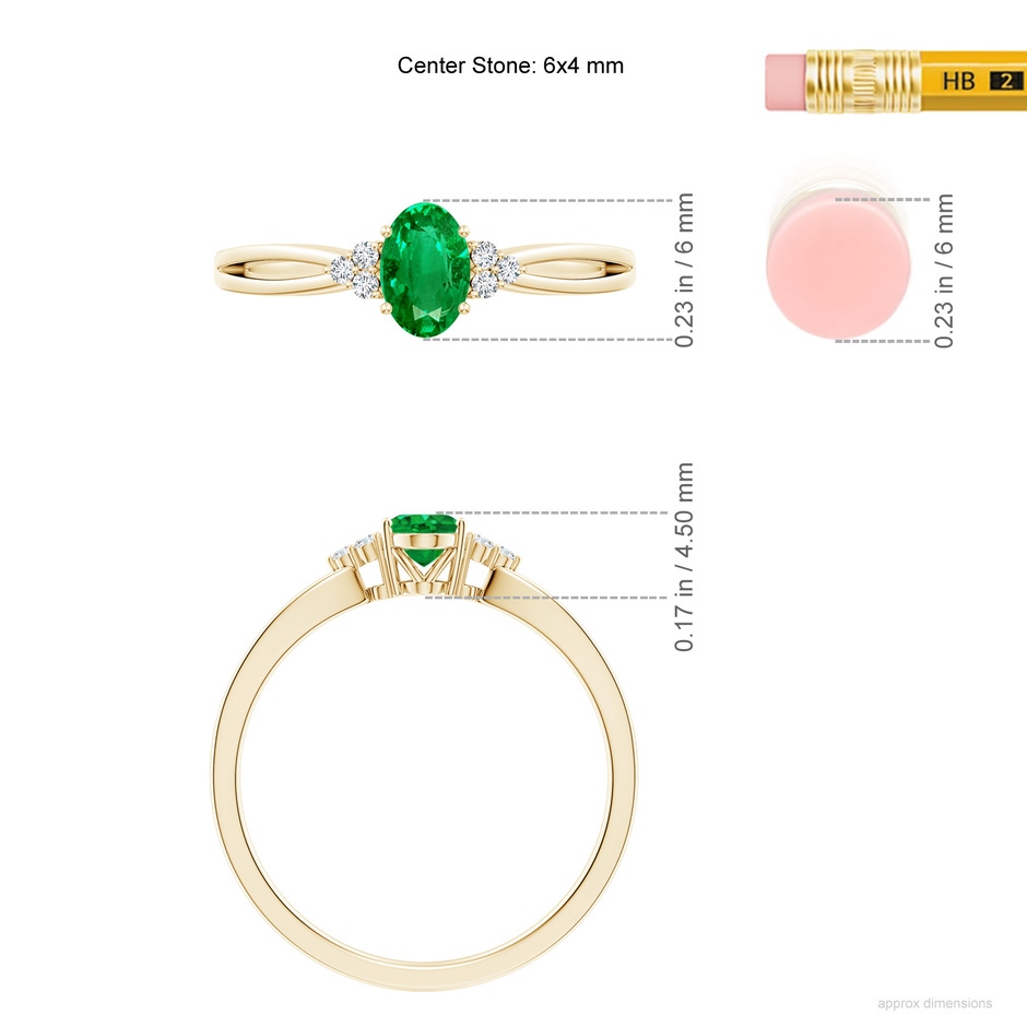 6x4mm AAA Solitaire Oval Emerald Split Shank Ring with Trio Diamonds in Yellow Gold ruler