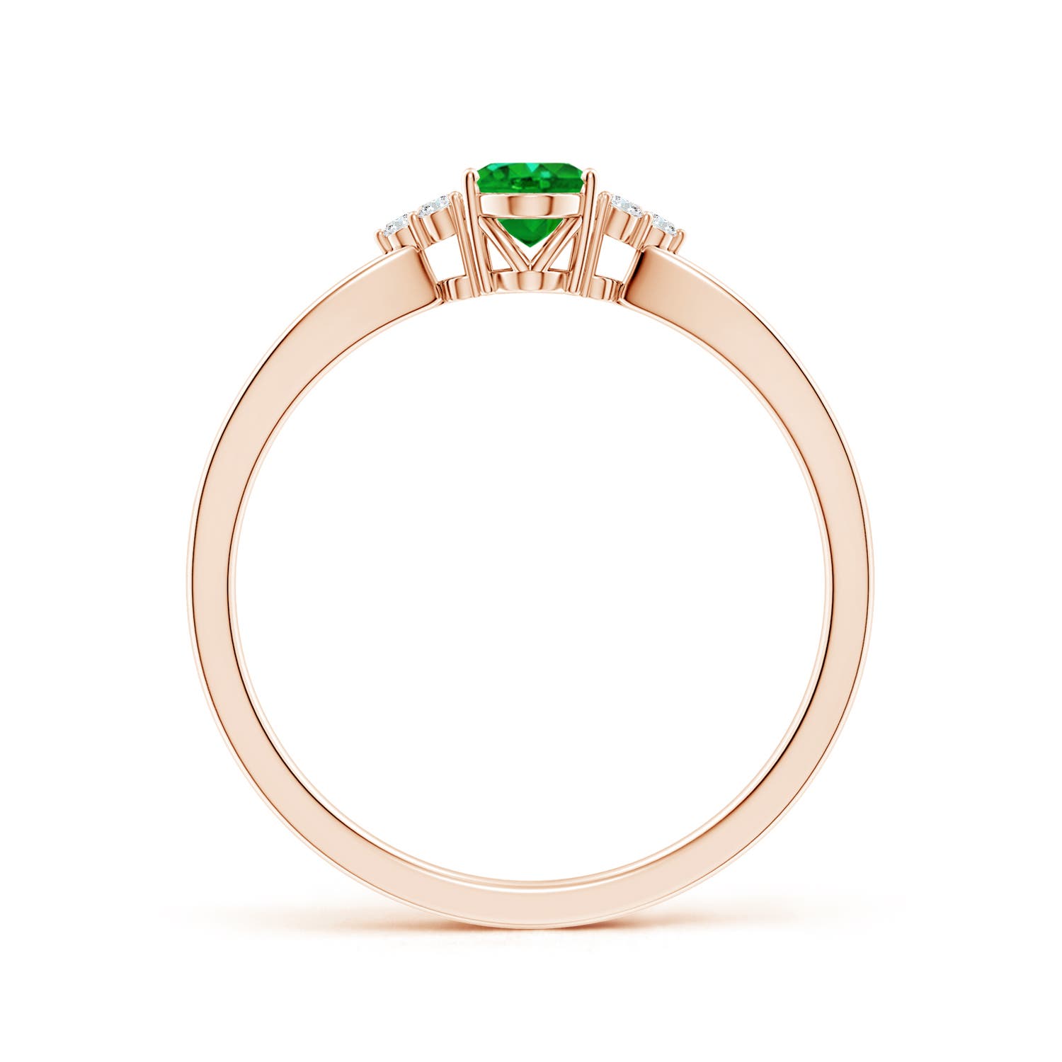 6x4mm AAAA Solitaire Oval Emerald Split Shank Ring with Trio Diamonds in 18K Rose Gold