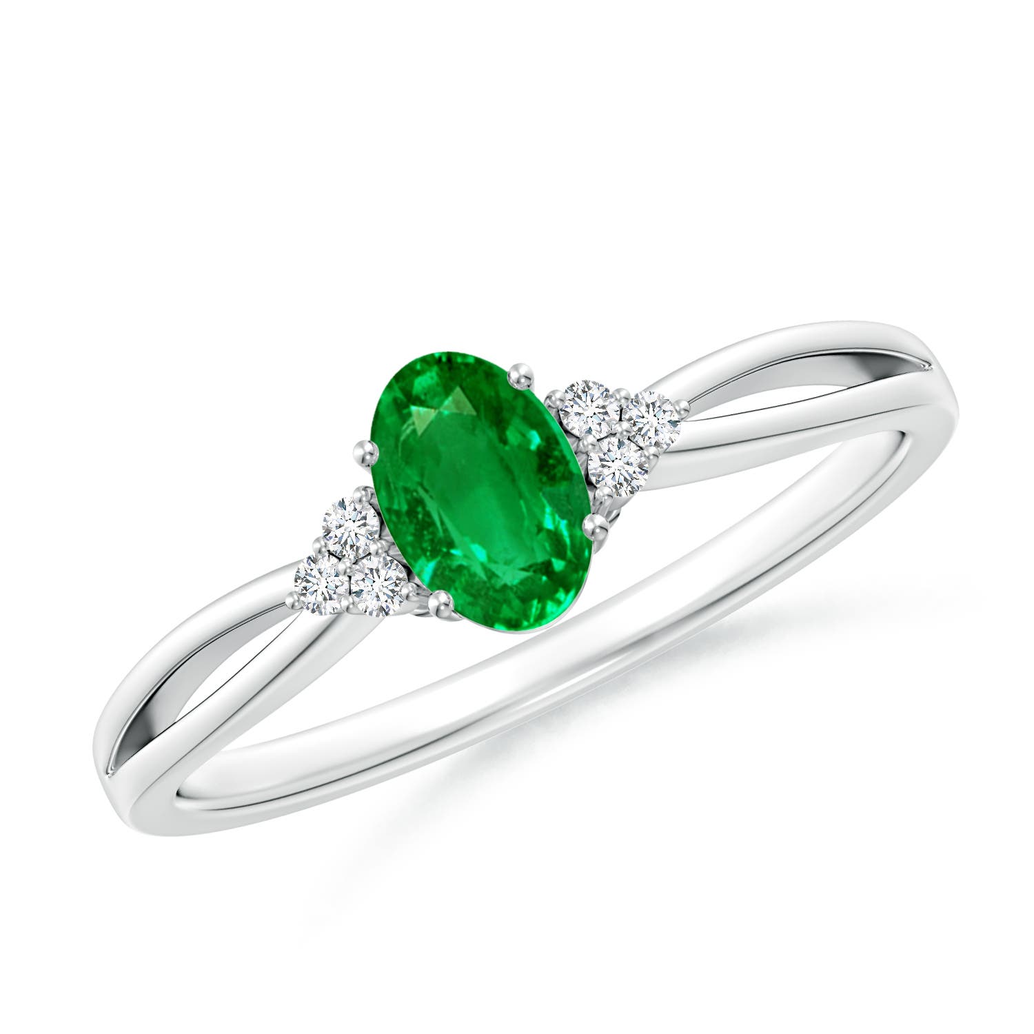 6x4mm AAAA Solitaire Oval Emerald Split Shank Ring with Trio Diamonds in 18K White Gold