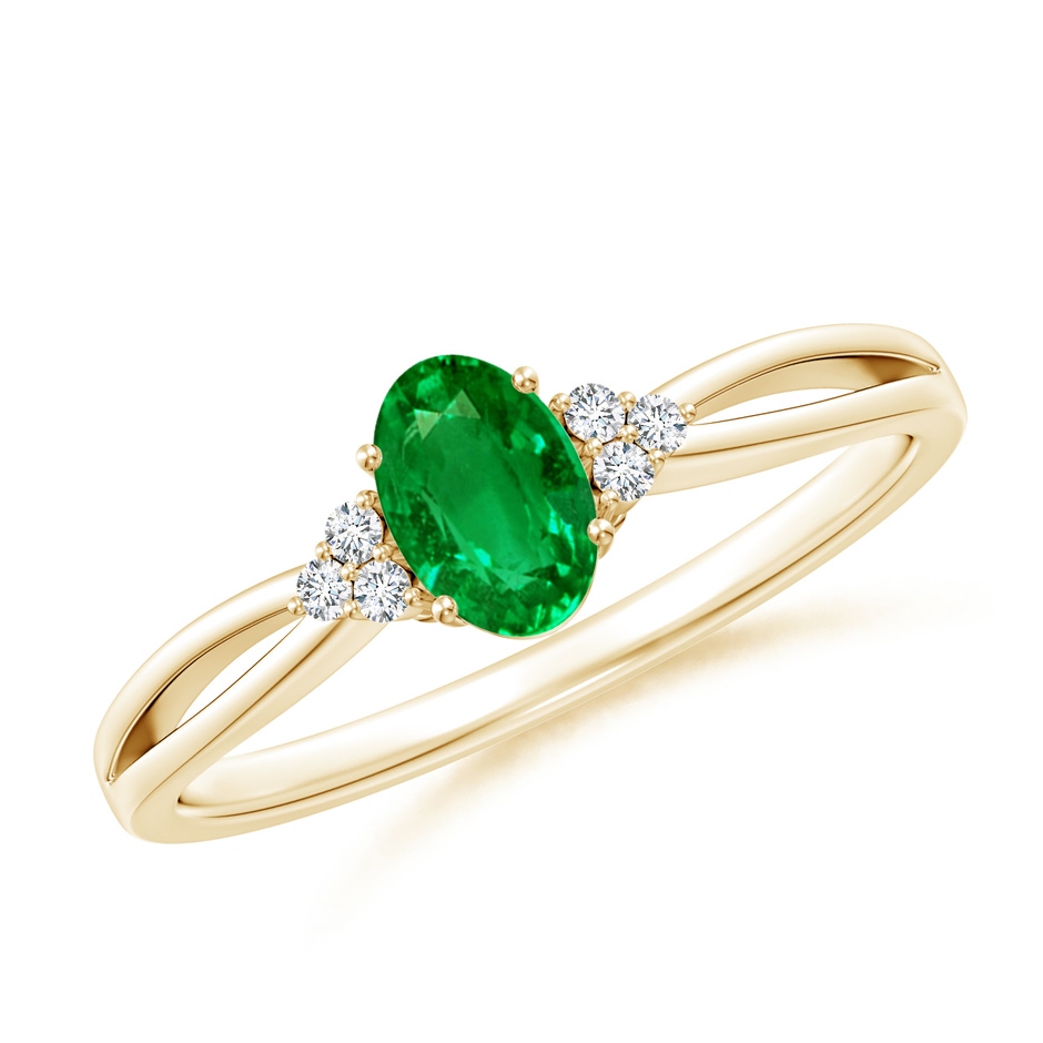 6x4mm AAAA Solitaire Oval Emerald Split Shank Ring with Trio Diamonds in 18K Yellow Gold 