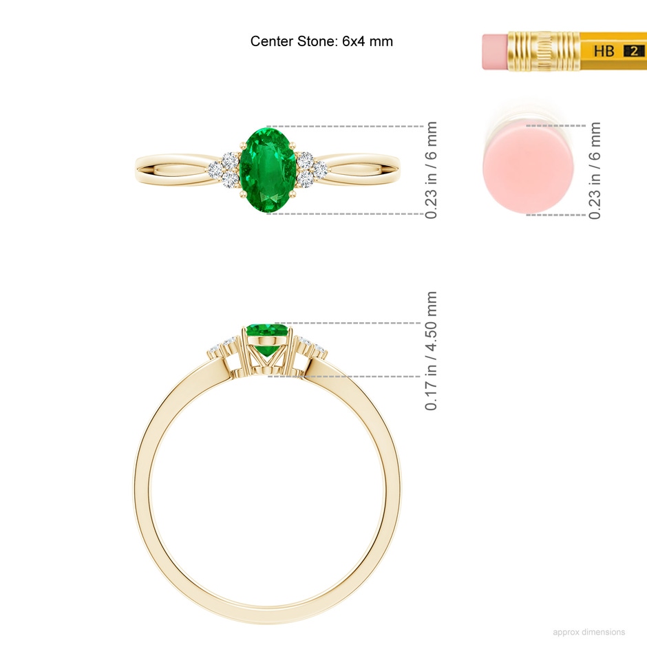 6x4mm AAAA Solitaire Oval Emerald Split Shank Ring with Trio Diamonds in 18K Yellow Gold ruler