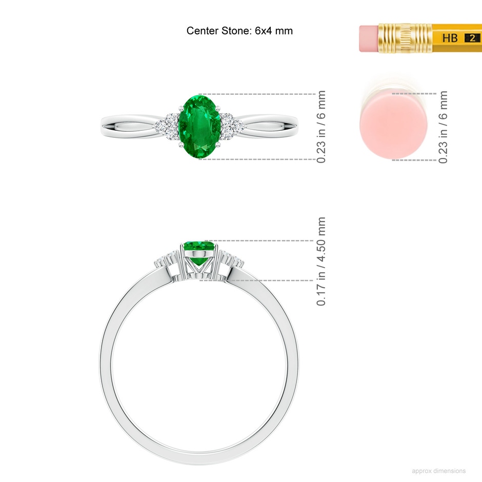6x4mm AAAA Solitaire Oval Emerald Split Shank Ring with Trio Diamonds in P950 Platinum ruler