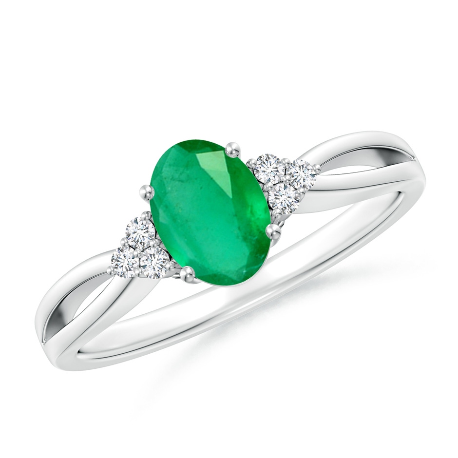7x5mm A Solitaire Oval Emerald Split Shank Ring with Trio Diamonds in S999 Silver 