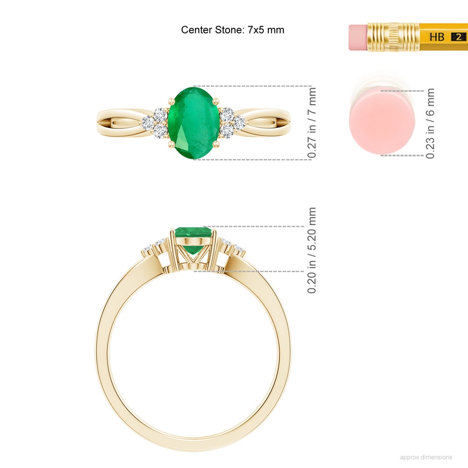 7x5mm A Solitaire Oval Emerald Split Shank Ring with Trio Diamonds in Yellow Gold ruler