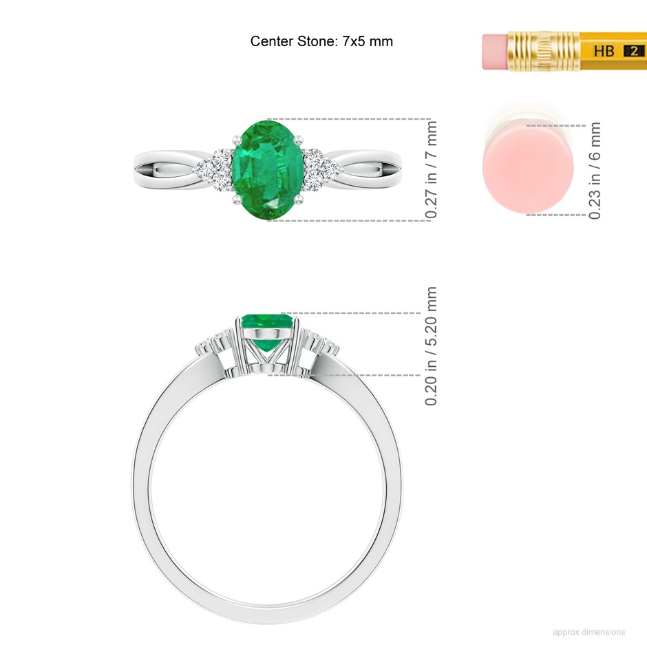 7x5mm AA Solitaire Oval Emerald Split Shank Ring with Trio Diamonds in White Gold ruler