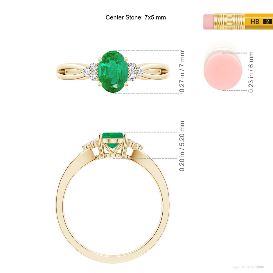 7x5mm AA Solitaire Oval Emerald Split Shank Ring with Trio Diamonds in Yellow Gold ruler