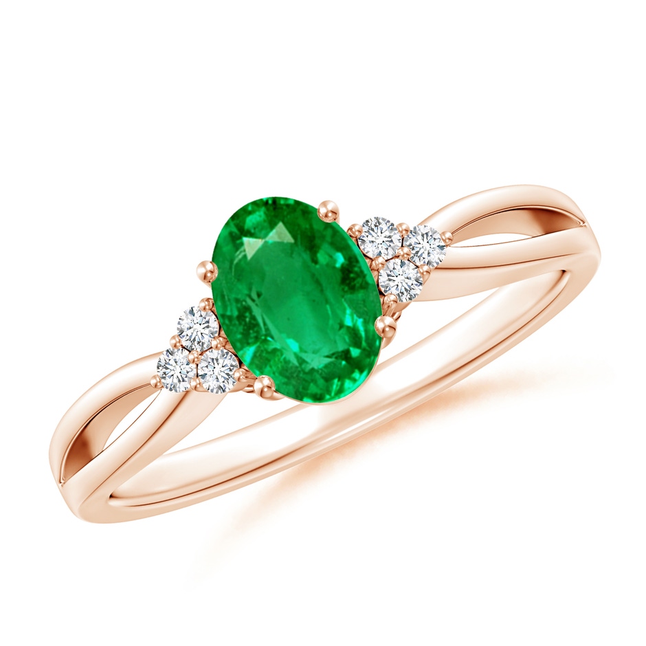7x5mm AAA Solitaire Oval Emerald Split Shank Ring with Trio Diamonds in Rose Gold 