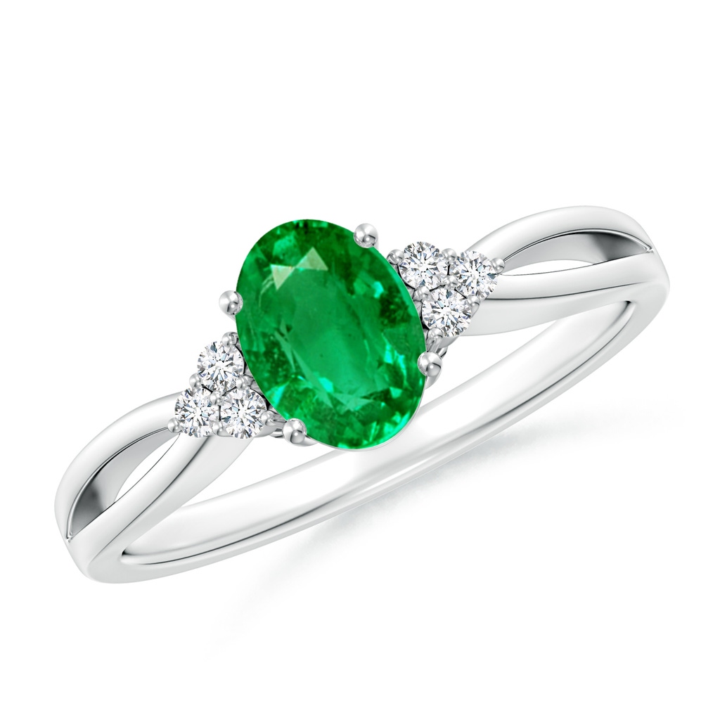 7x5mm AAA Solitaire Oval Emerald Split Shank Ring with Trio Diamonds in White Gold