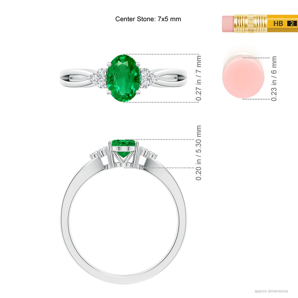 7x5mm AAA Solitaire Oval Emerald Split Shank Ring with Trio Diamonds in White Gold Ruler