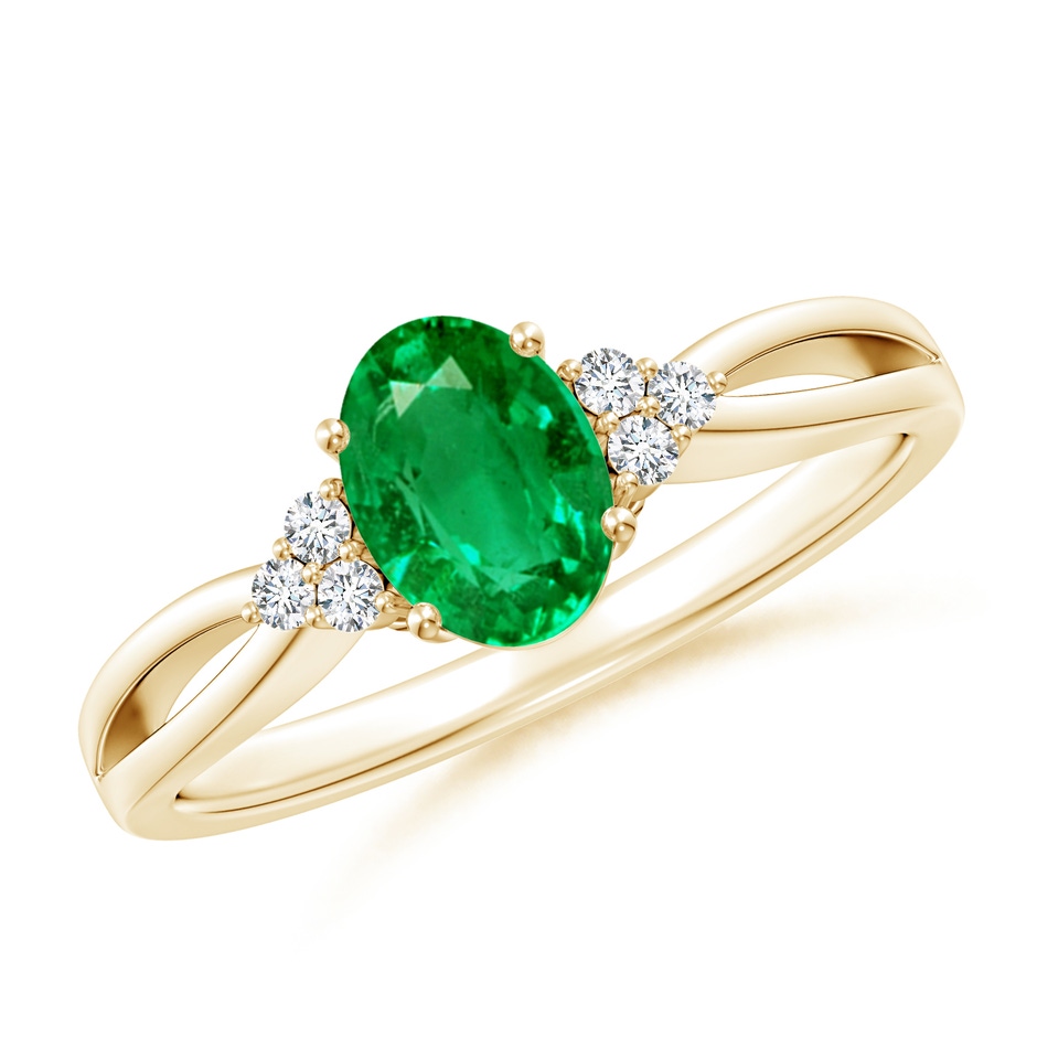 7x5mm AAA Solitaire Oval Emerald Split Shank Ring with Trio Diamonds in Yellow Gold 