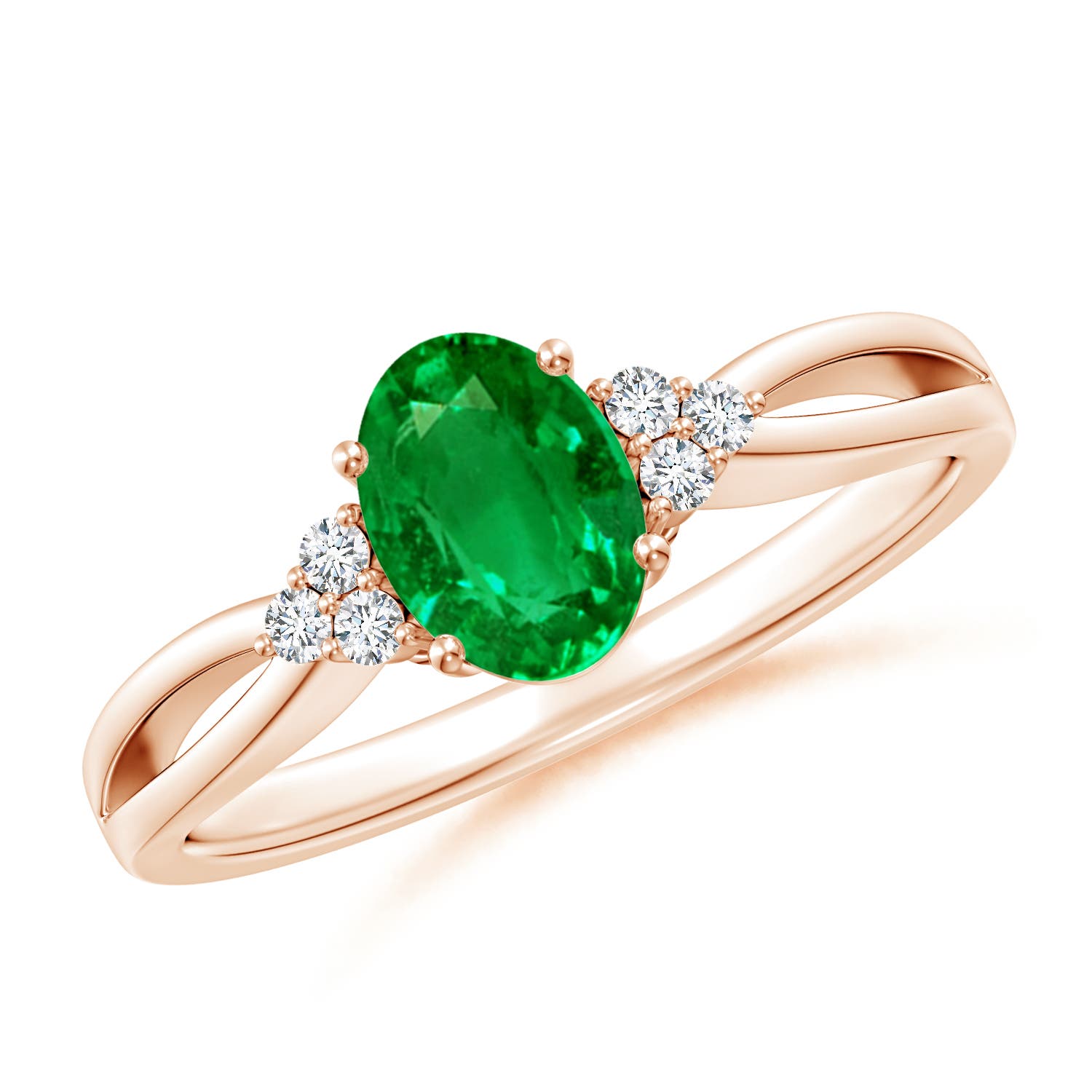 7x5mm AAAA Solitaire Oval Emerald Split Shank Ring with Trio Diamonds in 18K Rose Gold