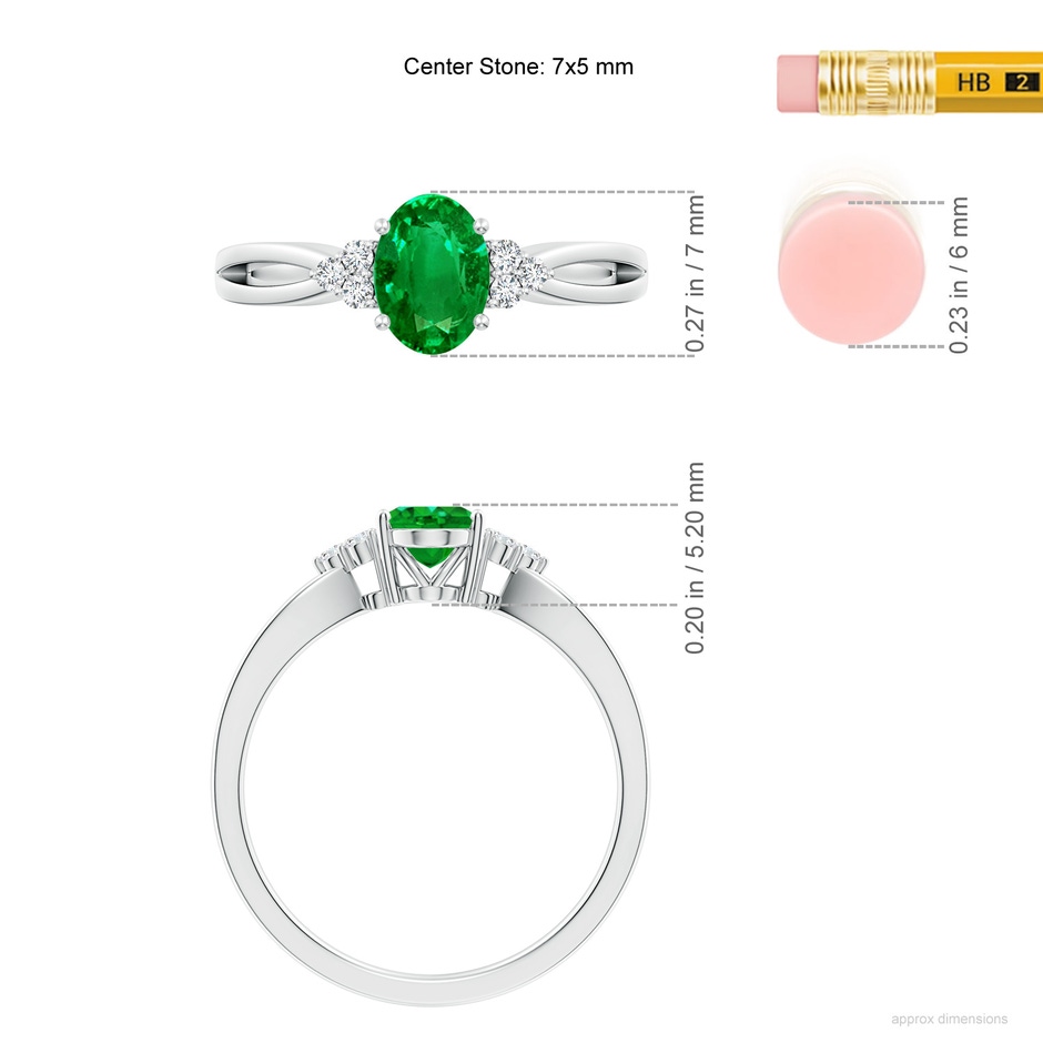 7x5mm AAAA Solitaire Oval Emerald Split Shank Ring with Trio Diamonds in P950 Platinum ruler