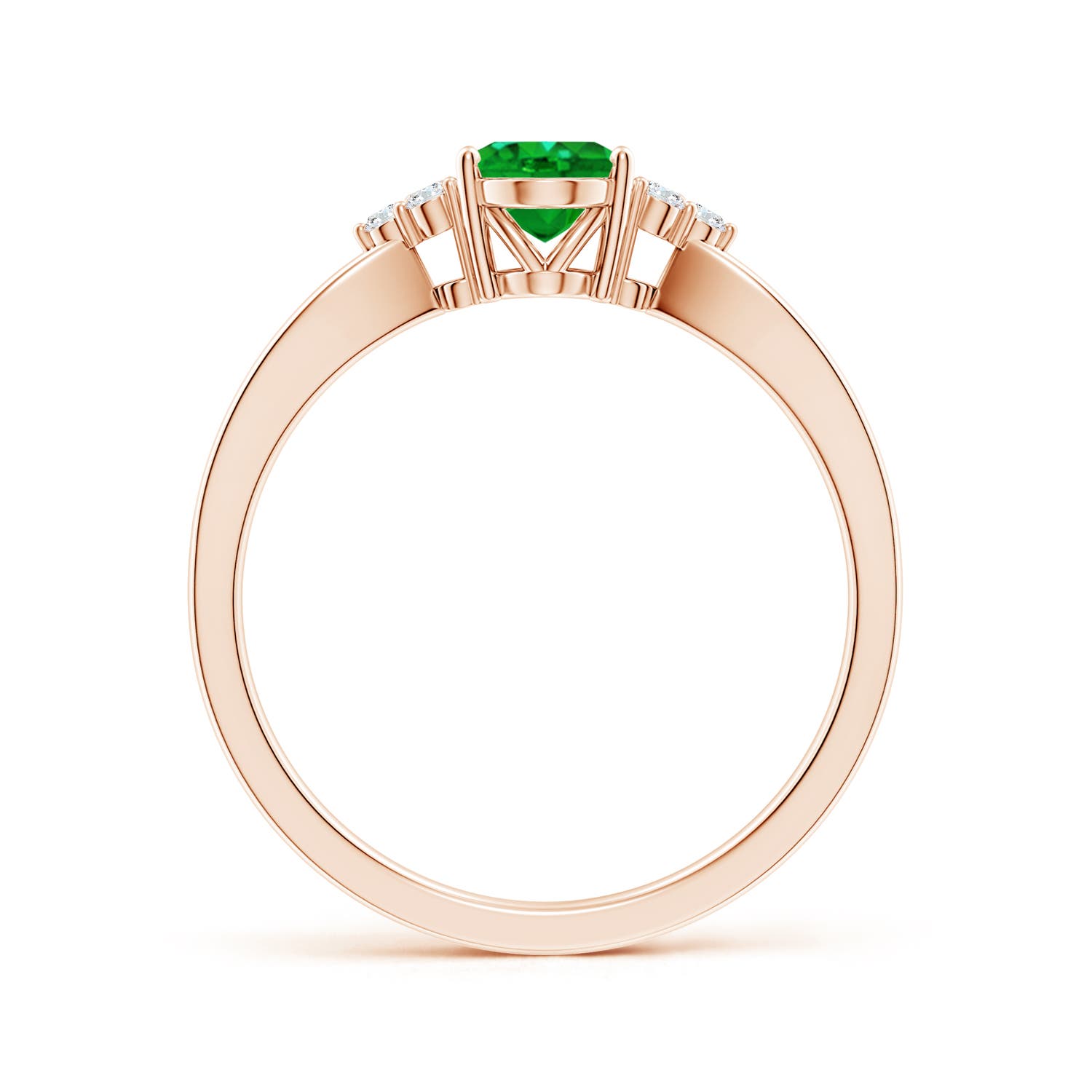 7x5mm AAAA Solitaire Oval Emerald Split Shank Ring with Trio Diamonds in Rose Gold