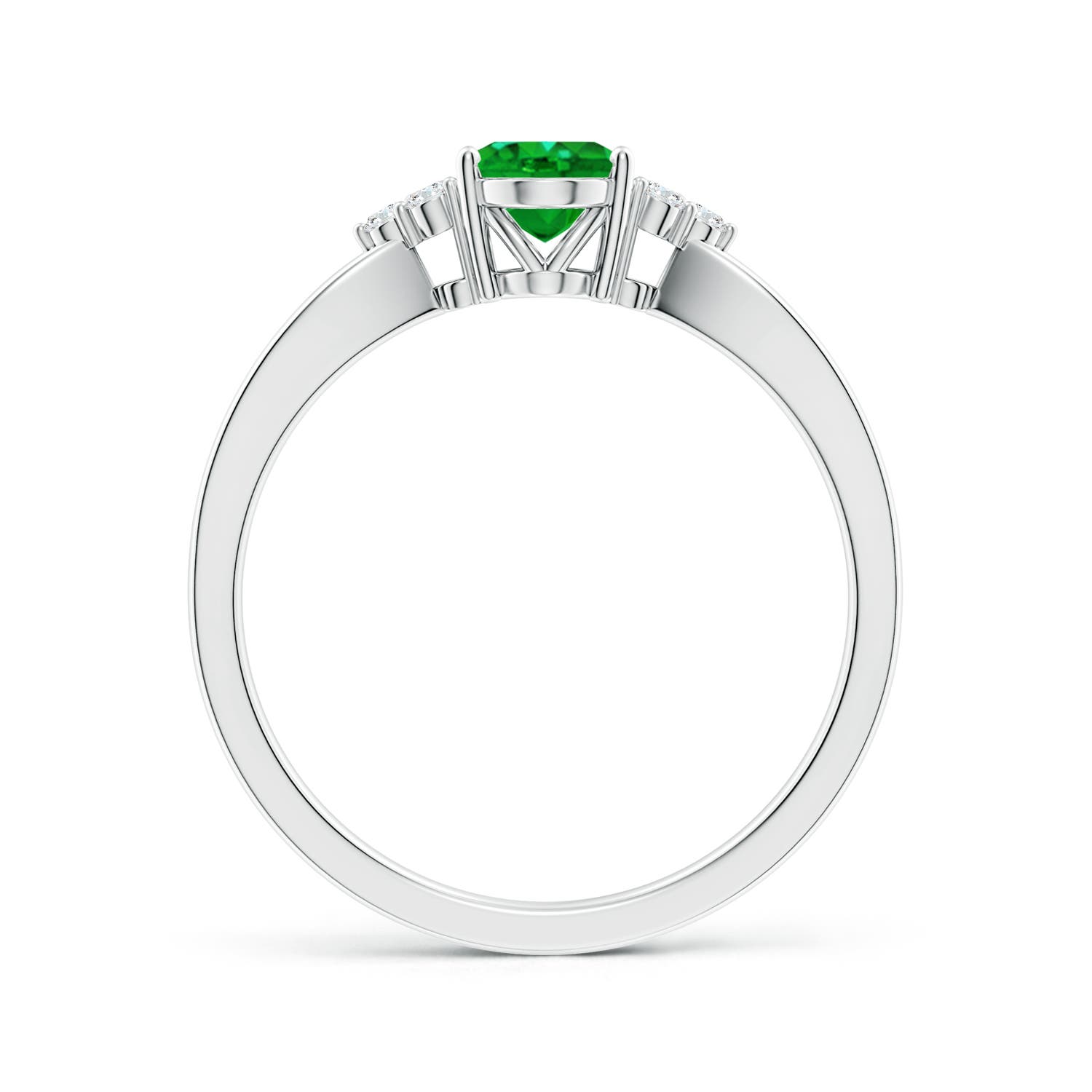 7x5mm AAAA Solitaire Oval Emerald Split Shank Ring with Trio Diamonds in White Gold