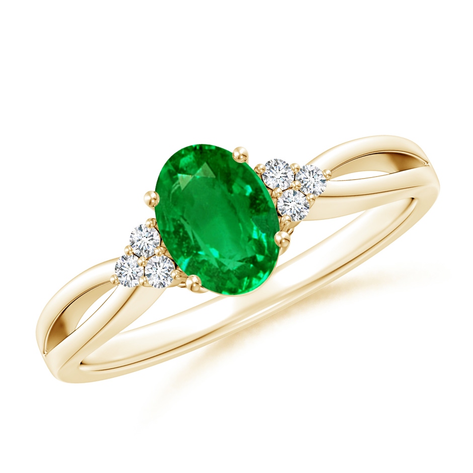 7x5mm AAAA Solitaire Oval Emerald Split Shank Ring with Trio Diamonds in Yellow Gold 