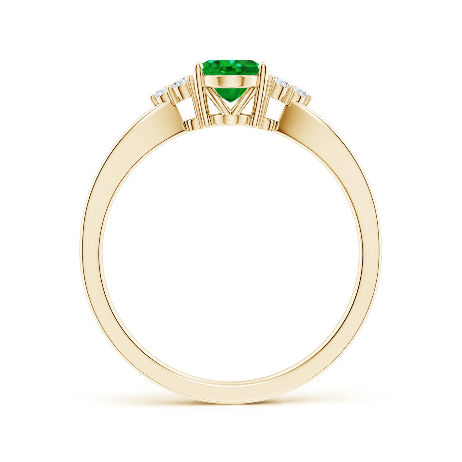 7x5mm AAAA Solitaire Oval Emerald Split Shank Ring with Trio Diamonds in Yellow Gold