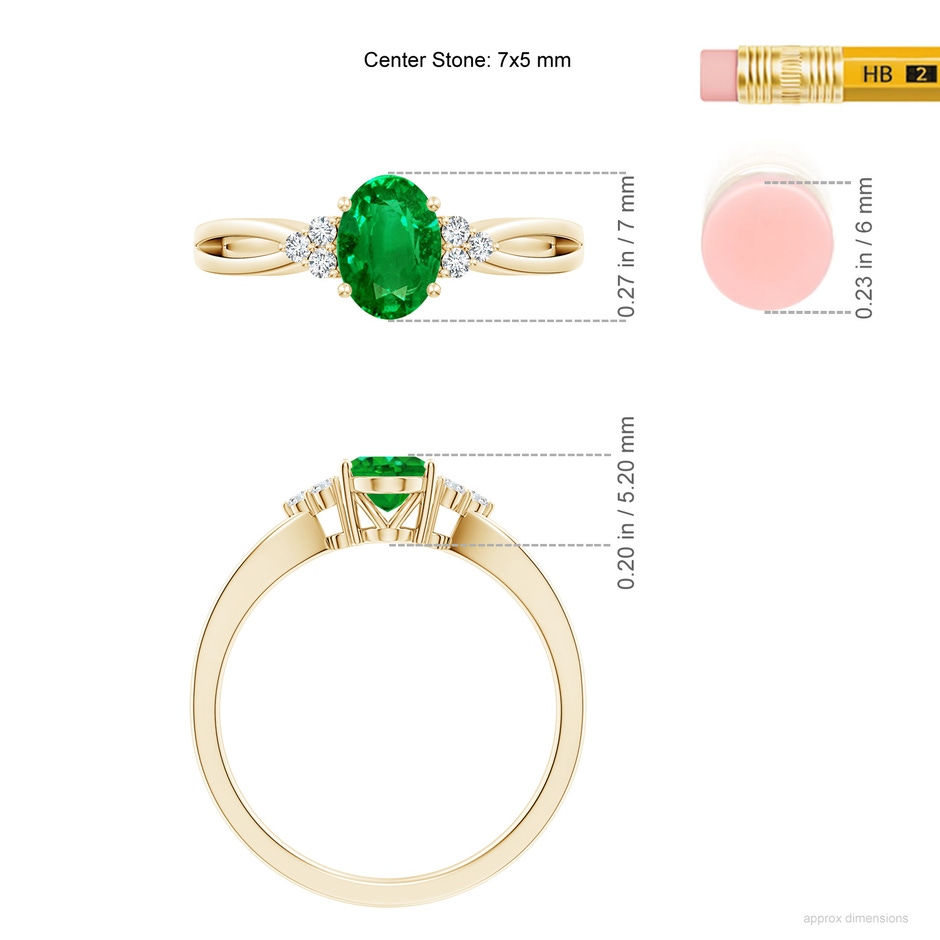 7x5mm AAAA Solitaire Oval Emerald Split Shank Ring with Trio Diamonds in Yellow Gold ruler