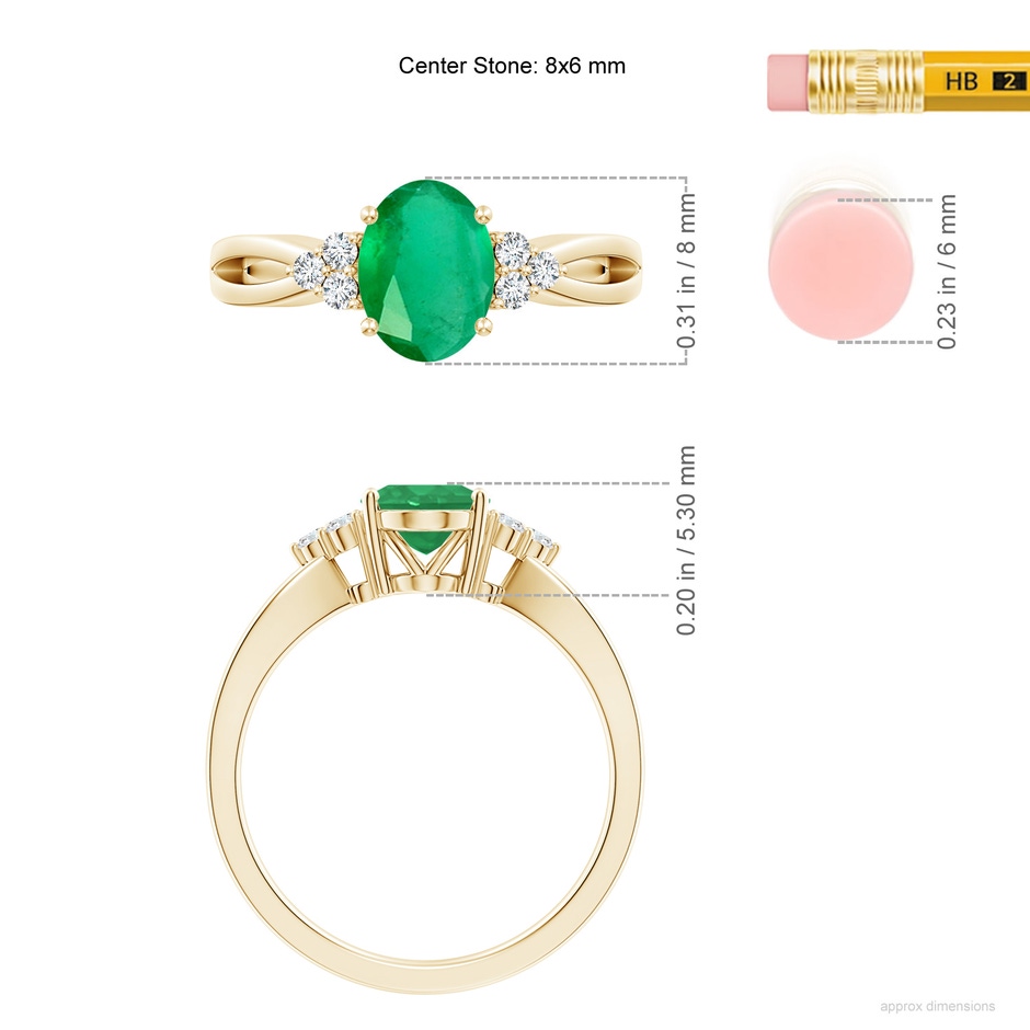 8x6mm A Solitaire Oval Emerald Split Shank Ring with Trio Diamonds in Yellow Gold ruler