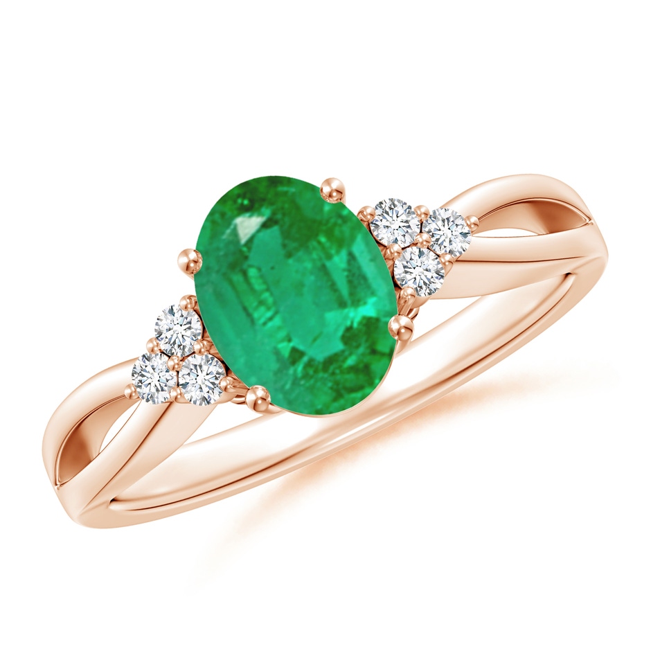 8x6mm AA Solitaire Oval Emerald Split Shank Ring with Trio Diamonds in Rose Gold 