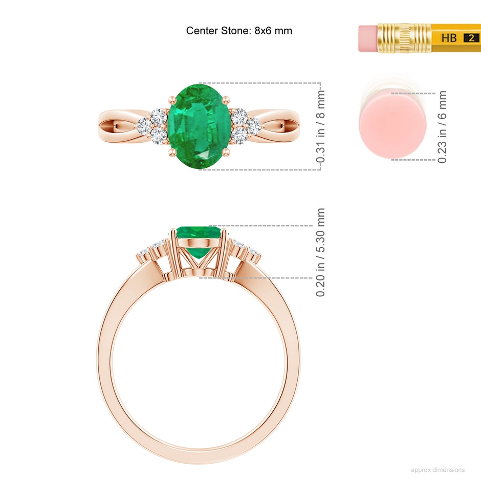 8x6mm AA Solitaire Oval Emerald Split Shank Ring with Trio Diamonds in Rose Gold ruler
