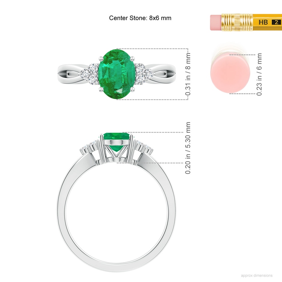 8x6mm AA Solitaire Oval Emerald Split Shank Ring with Trio Diamonds in White Gold ruler
