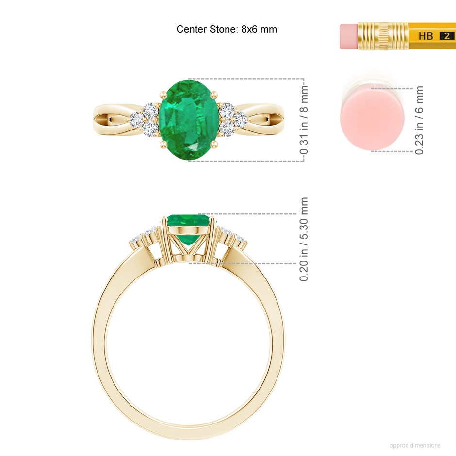 8x6mm AA Solitaire Oval Emerald Split Shank Ring with Trio Diamonds in Yellow Gold ruler