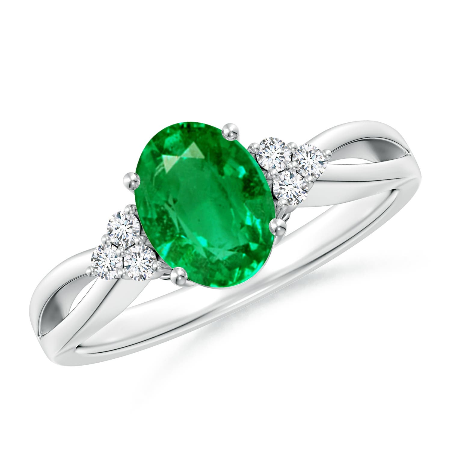 8x6mm AAA Solitaire Oval Emerald Split Shank Ring with Trio Diamonds in P950 Platinum