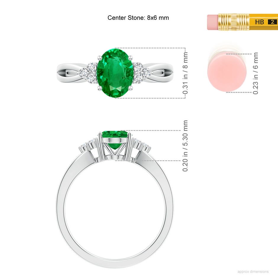 8x6mm AAA Solitaire Oval Emerald Split Shank Ring with Trio Diamonds in P950 Platinum ruler