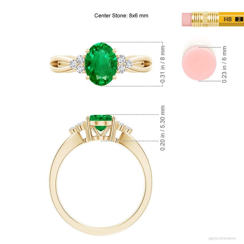 8x6mm AAA Solitaire Oval Emerald Split Shank Ring with Trio Diamonds in Yellow Gold ruler