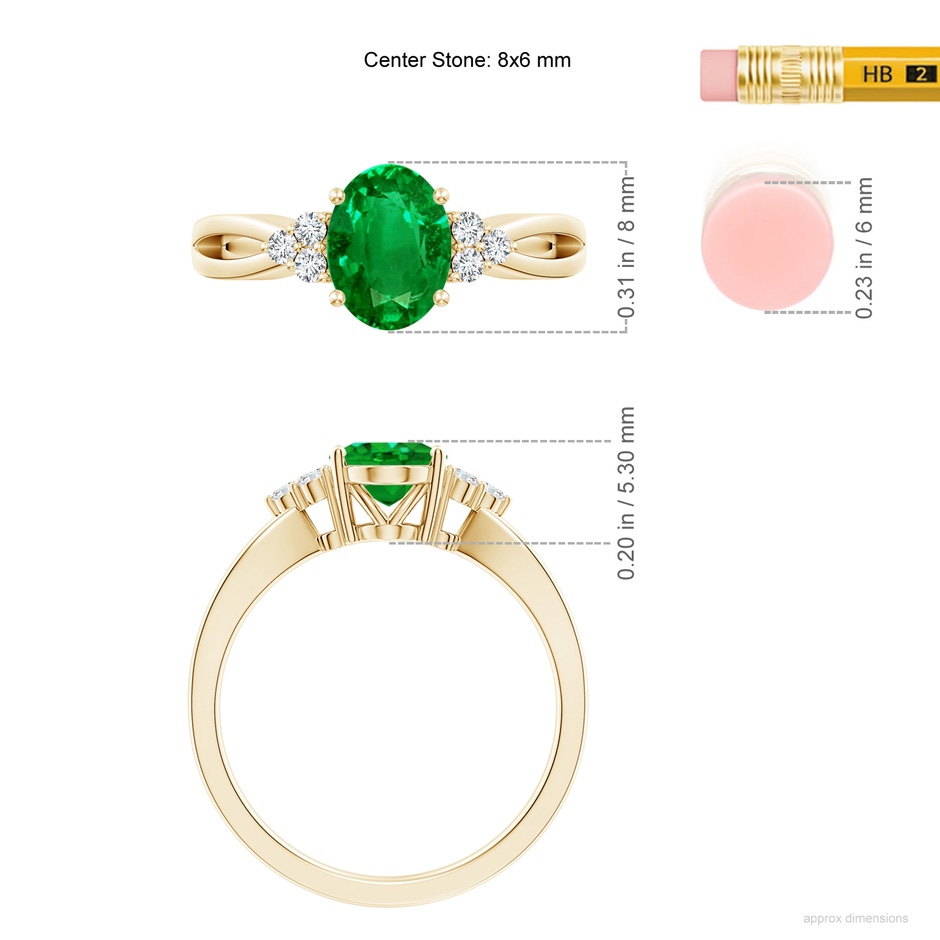 8x6mm AAAA Solitaire Oval Emerald Split Shank Ring with Trio Diamonds in Yellow Gold ruler