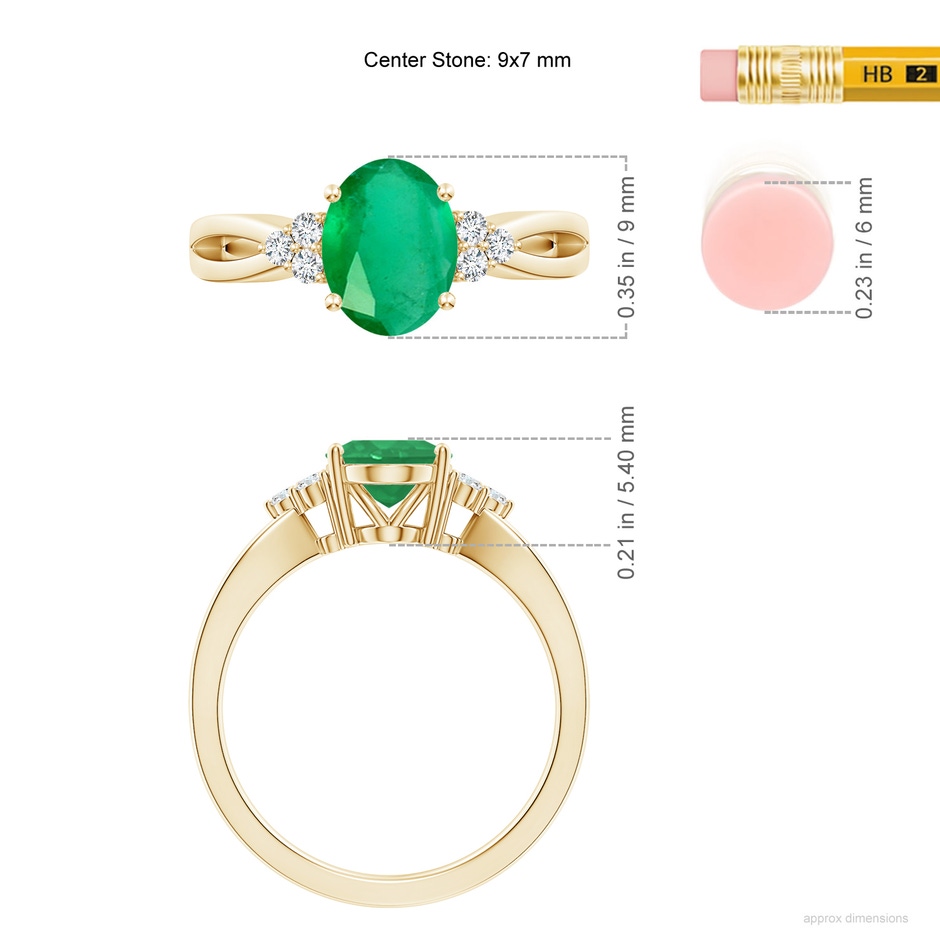 9x7mm A Solitaire Oval Emerald Split Shank Ring with Trio Diamonds in Yellow Gold ruler