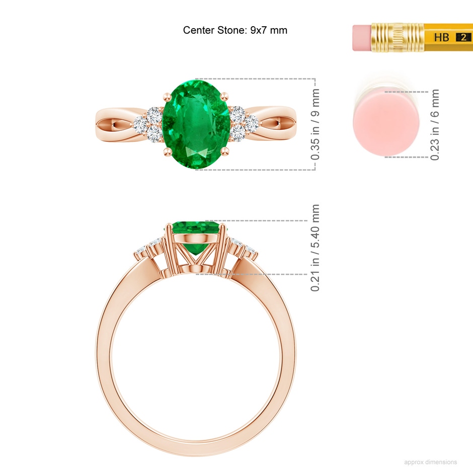 9x7mm AAA Solitaire Oval Emerald Split Shank Ring with Trio Diamonds in 18K Rose Gold ruler