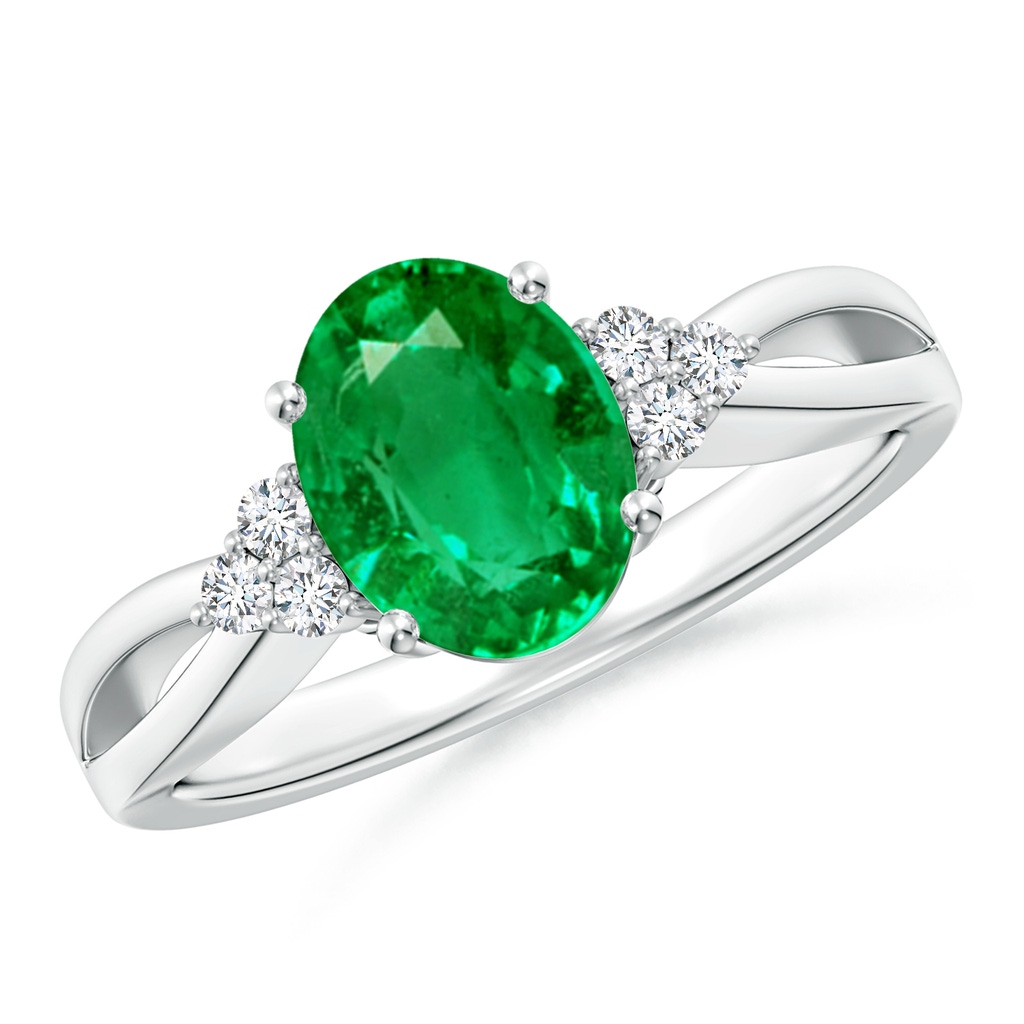 9x7mm AAA Solitaire Oval Emerald Split Shank Ring with Trio Diamonds in White Gold 