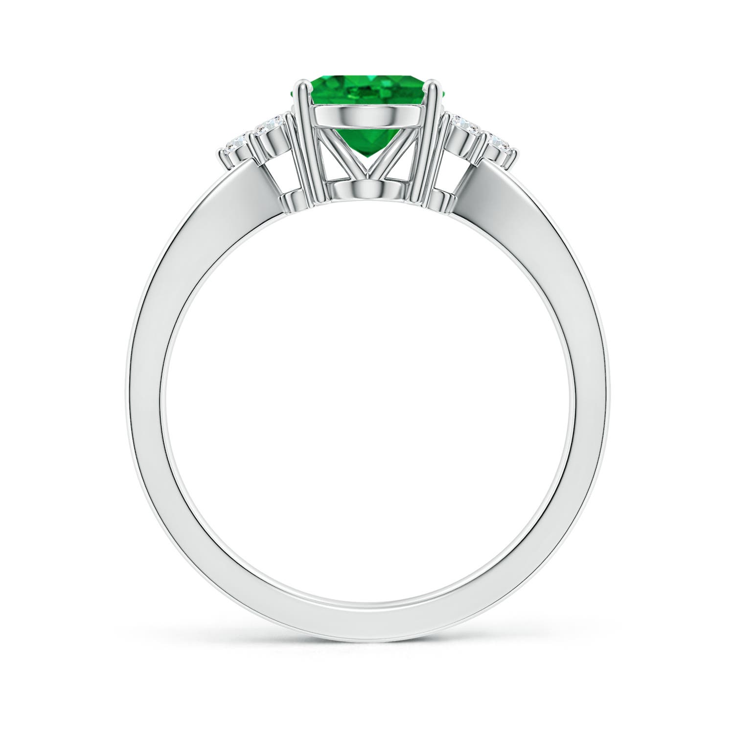 9x7mm AAA Solitaire Oval Emerald Split Shank Ring with Trio Diamonds in White Gold - side 3