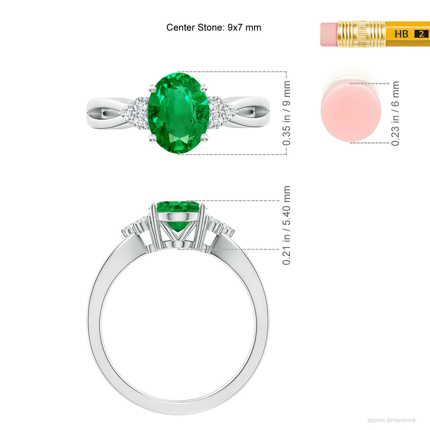 9x7mm AAA Solitaire Oval Emerald Split Shank Ring with Trio Diamonds in White Gold - ruler