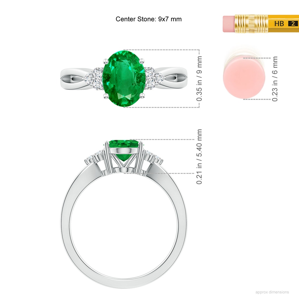 9x7mm AAA Solitaire Oval Emerald Split Shank Ring with Trio Diamonds in White Gold ruler
