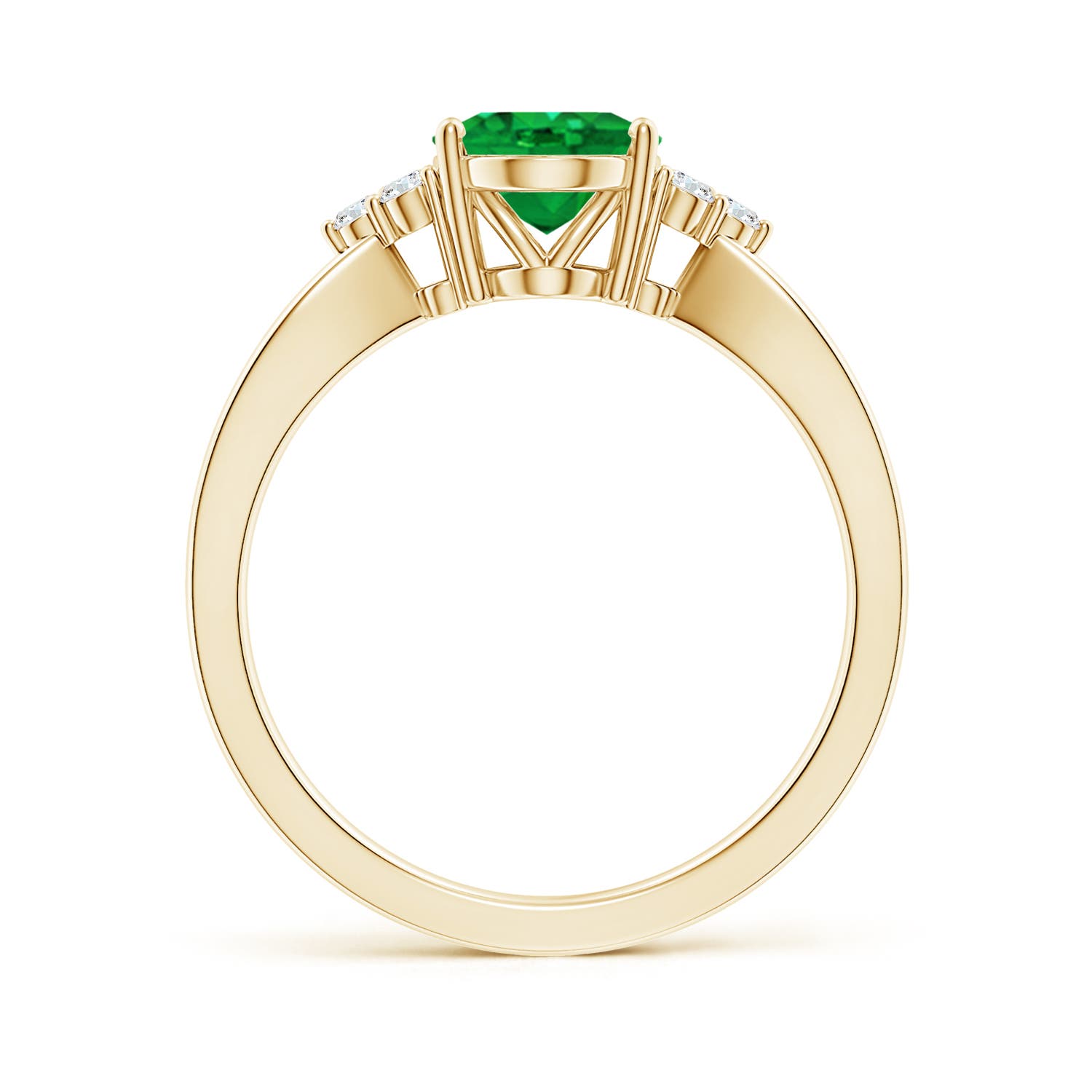 9x7mm AAA Solitaire Oval Emerald Split Shank Ring with Trio Diamonds in Yellow Gold