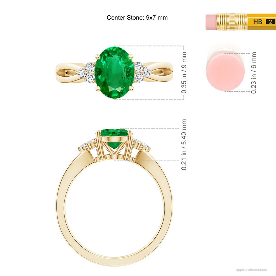 9x7mm AAA Solitaire Oval Emerald Split Shank Ring with Trio Diamonds in Yellow Gold ruler