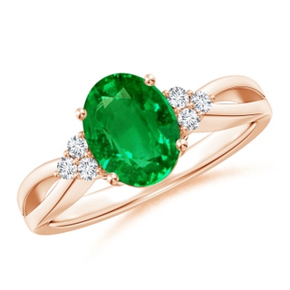 9x7mm AAAA Solitaire Oval Emerald Split Shank Ring with Trio Diamonds in Rose Gold
