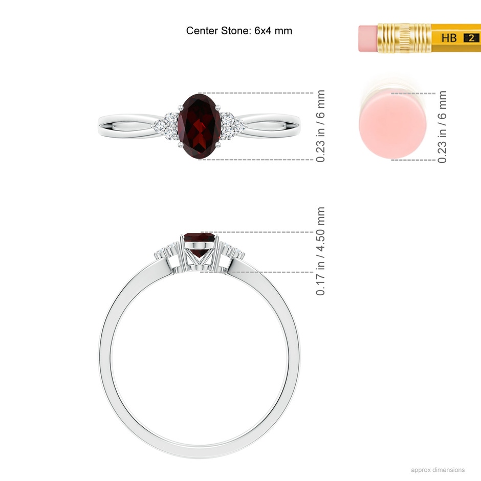 6x4mm A Solitaire Oval Garnet Split Shank Ring with Trio Diamonds in P950 Platinum ruler