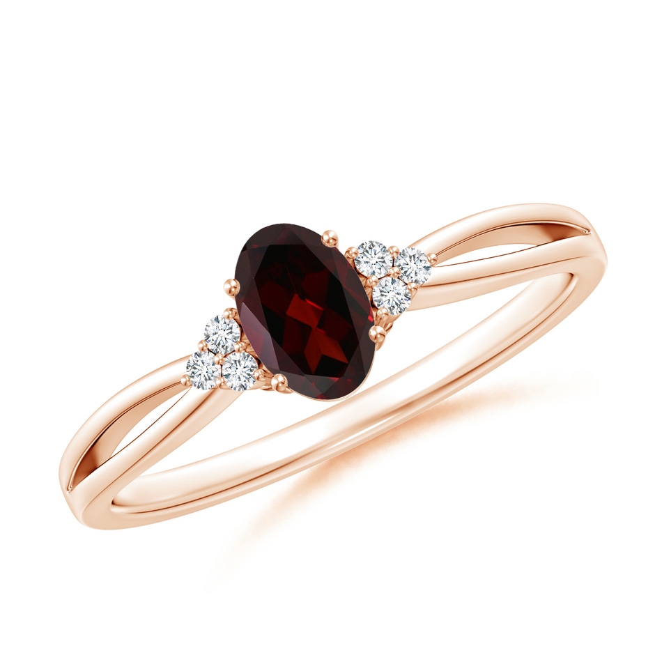 6x4mm A Solitaire Oval Garnet Split Shank Ring with Trio Diamonds in Rose Gold 
