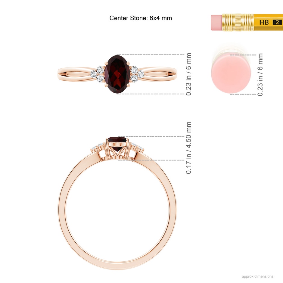 6x4mm A Solitaire Oval Garnet Split Shank Ring with Trio Diamonds in Rose Gold ruler