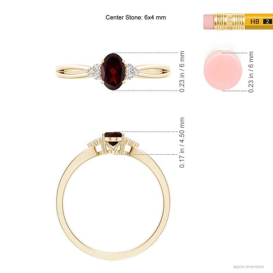 6x4mm A Solitaire Oval Garnet Split Shank Ring with Trio Diamonds in Yellow Gold ruler
