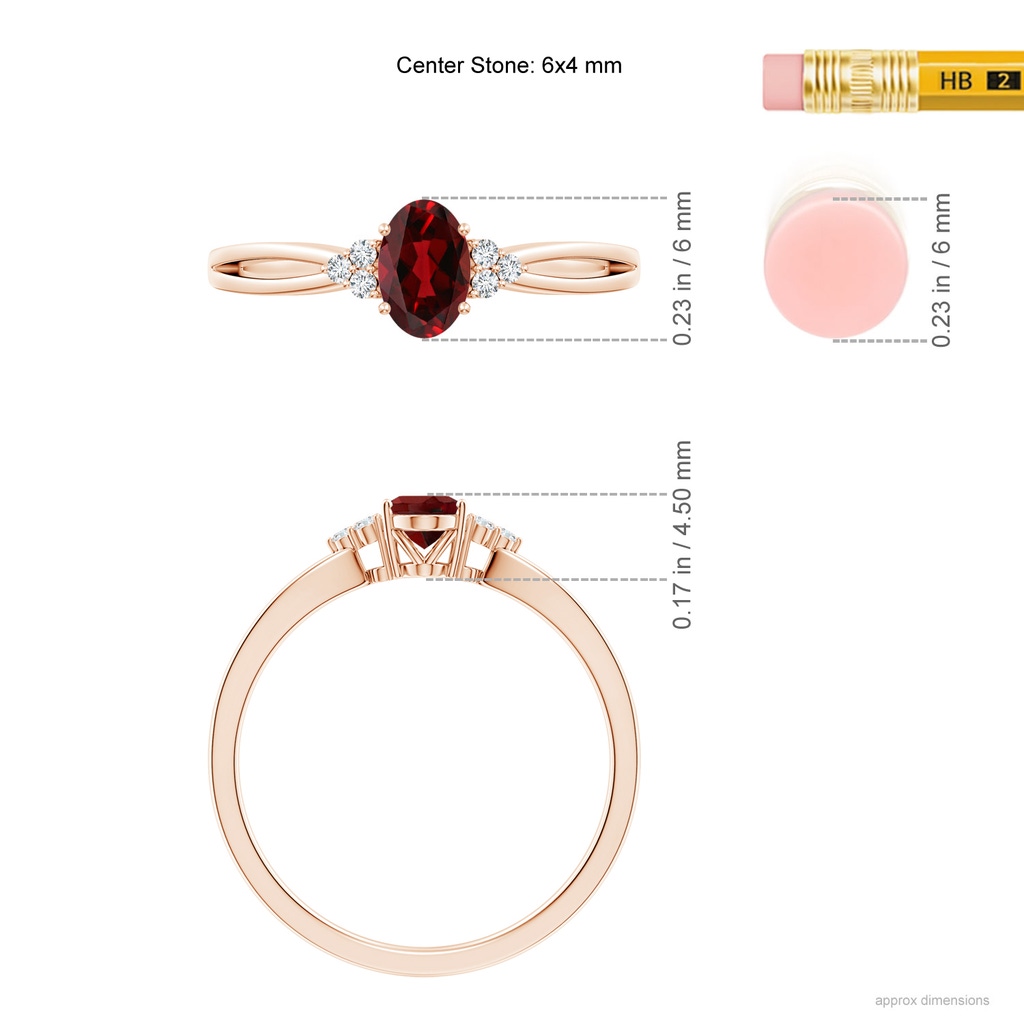 6x4mm AAAA Solitaire Oval Garnet Split Shank Ring with Trio Diamonds in Rose Gold ruler