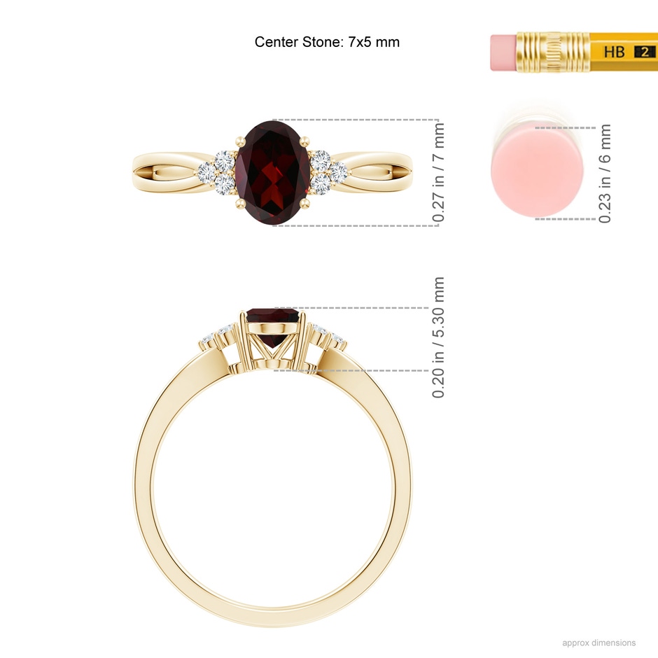 7x5mm A Solitaire Oval Garnet Split Shank Ring with Trio Diamonds in Yellow Gold ruler