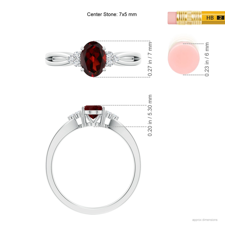 7x5mm AAA Solitaire Oval Garnet Split Shank Ring with Trio Diamonds in P950 Platinum ruler
