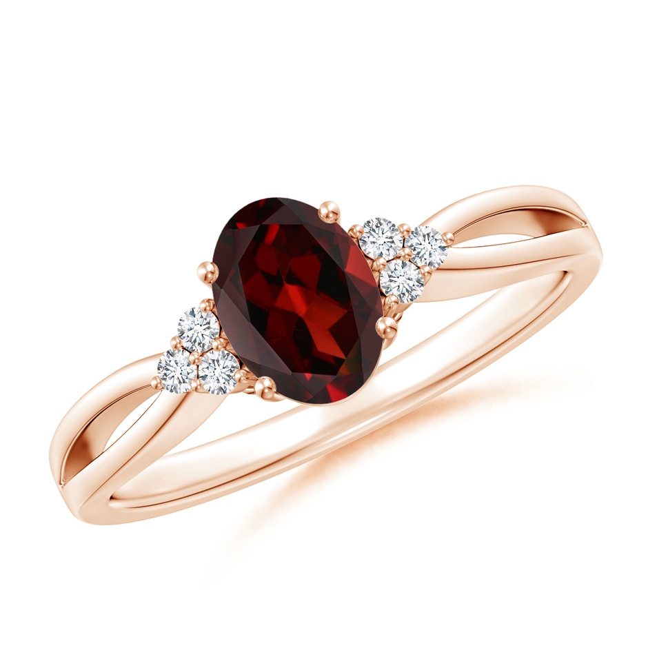7x5mm AAA Solitaire Oval Garnet Split Shank Ring with Trio Diamonds in Rose Gold 